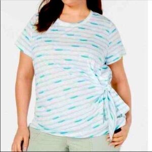 NEW Style & Co Plus Size Tee Shirt Short Sleeve Side Tie Teal White Stripe 2X